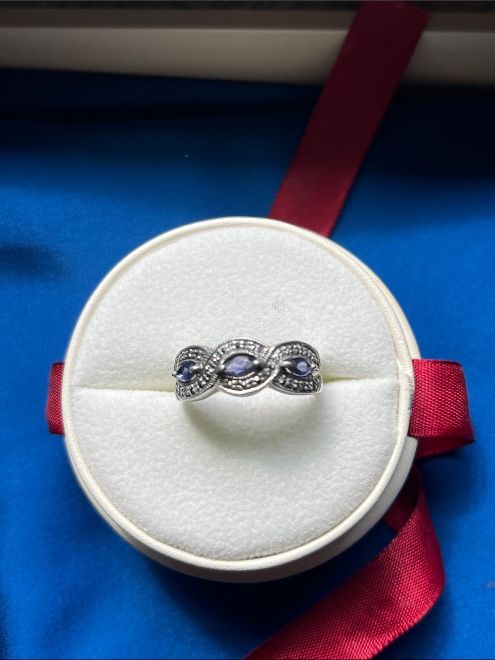 Sterling Silver Twist Band with Blue Marquise Stones